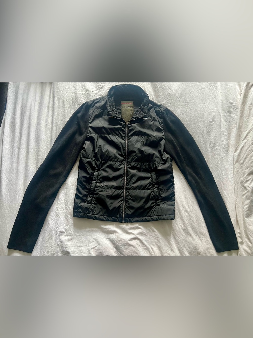 Prada Black Quilted Puff Jacket with Knit Sleeves